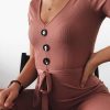 Clothing Rebellious Fashion | Mauve Rib V Neck Button Front Jumpsuit - Cassandra