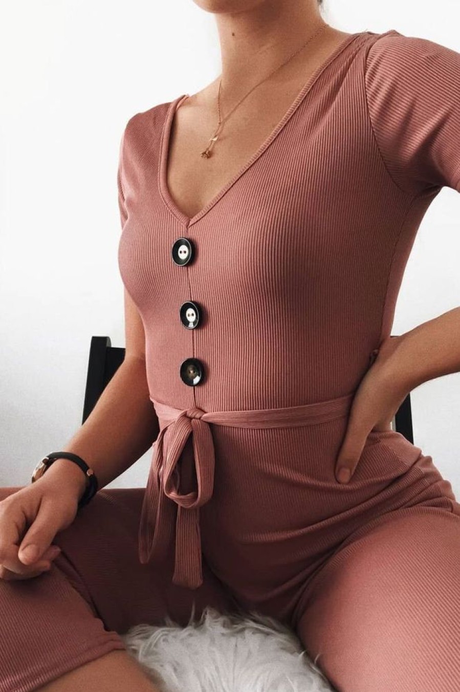 Clothing Rebellious Fashion | Mauve Rib V Neck Button Front Jumpsuit - Cassandra