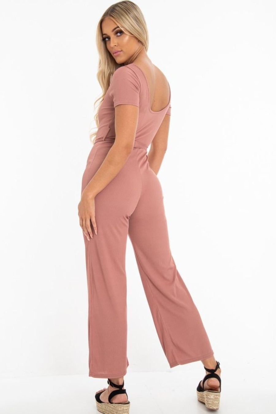 Clothing Rebellious Fashion | Mauve Rib V Neck Button Front Jumpsuit - Cassandra