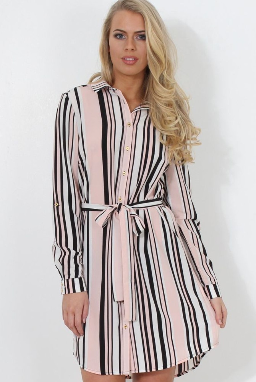 Clothing Rebellious Fashion | Cayla Pink Striped Shirt Dress