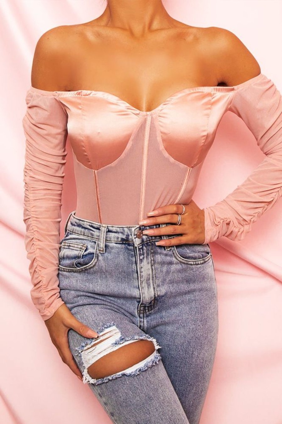 Clothing Rebellious Fashion | Pink Satin Corset Ruched Arm Bodysuit - Hartlee