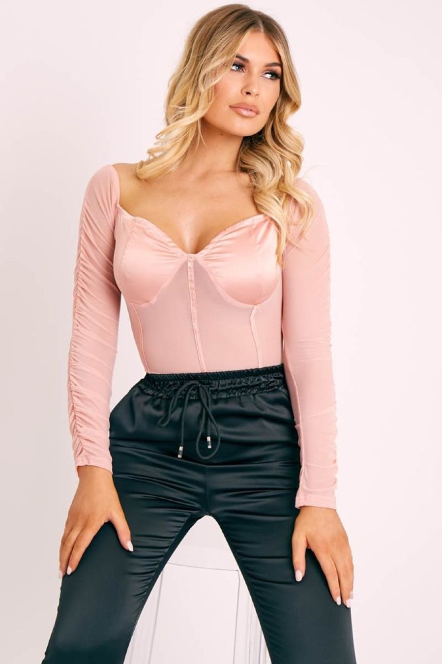 Clothing Rebellious Fashion | Pink Satin Corset Ruched Arm Bodysuit - Hartlee