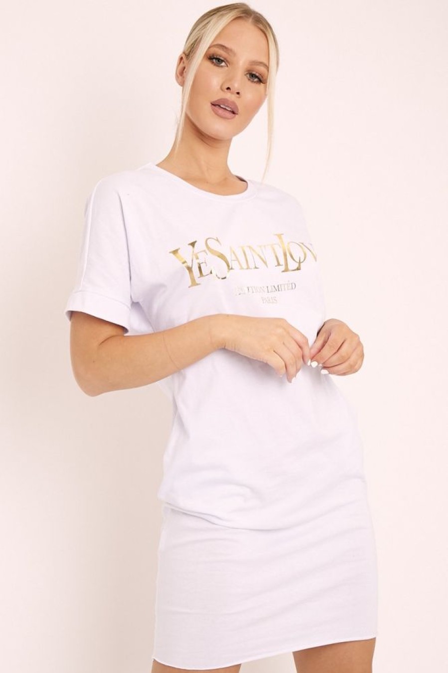 Clothing Rebellious Fashion | White And Gold Parisian Slogan T-Shirt Dress - Claire