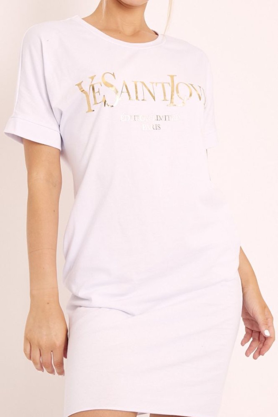 Clothing Rebellious Fashion | White And Gold Parisian Slogan T-Shirt Dress - Claire