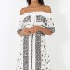 Clothing Rebellious Fashion | White & Black Paisley Print Bardot Dress - Penny