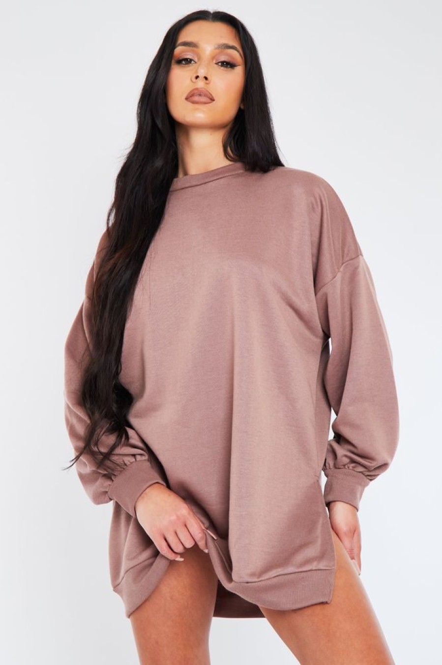 Clothing Rebellious Fashion | Mocha Oversized Slit Sweatshirt Dress - Kierell