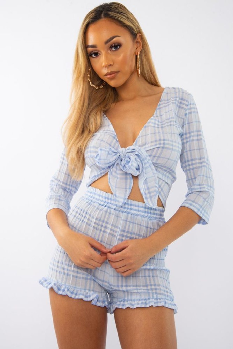 Clothing Rebellious Fashion | Light Blue Checked Crop Top And Frill Shorts - Vesa