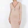 Clothing Rebellious Fashion | Nude Ribbed Zip Front Midi Dress- Kacee