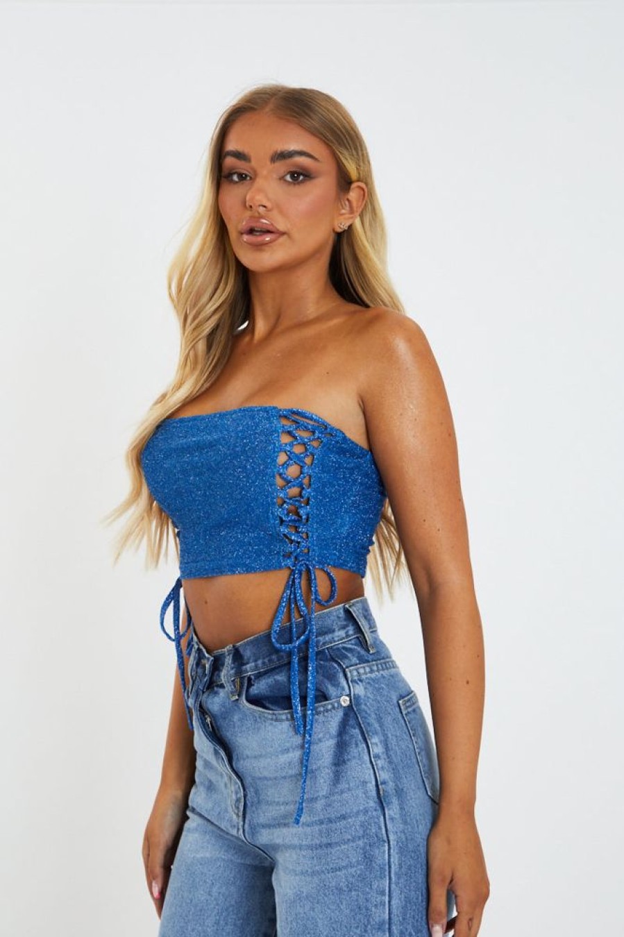 Clothing Rebellious Fashion | Blue Lurex Side Lace Up Tube Crop Top - Clarissa