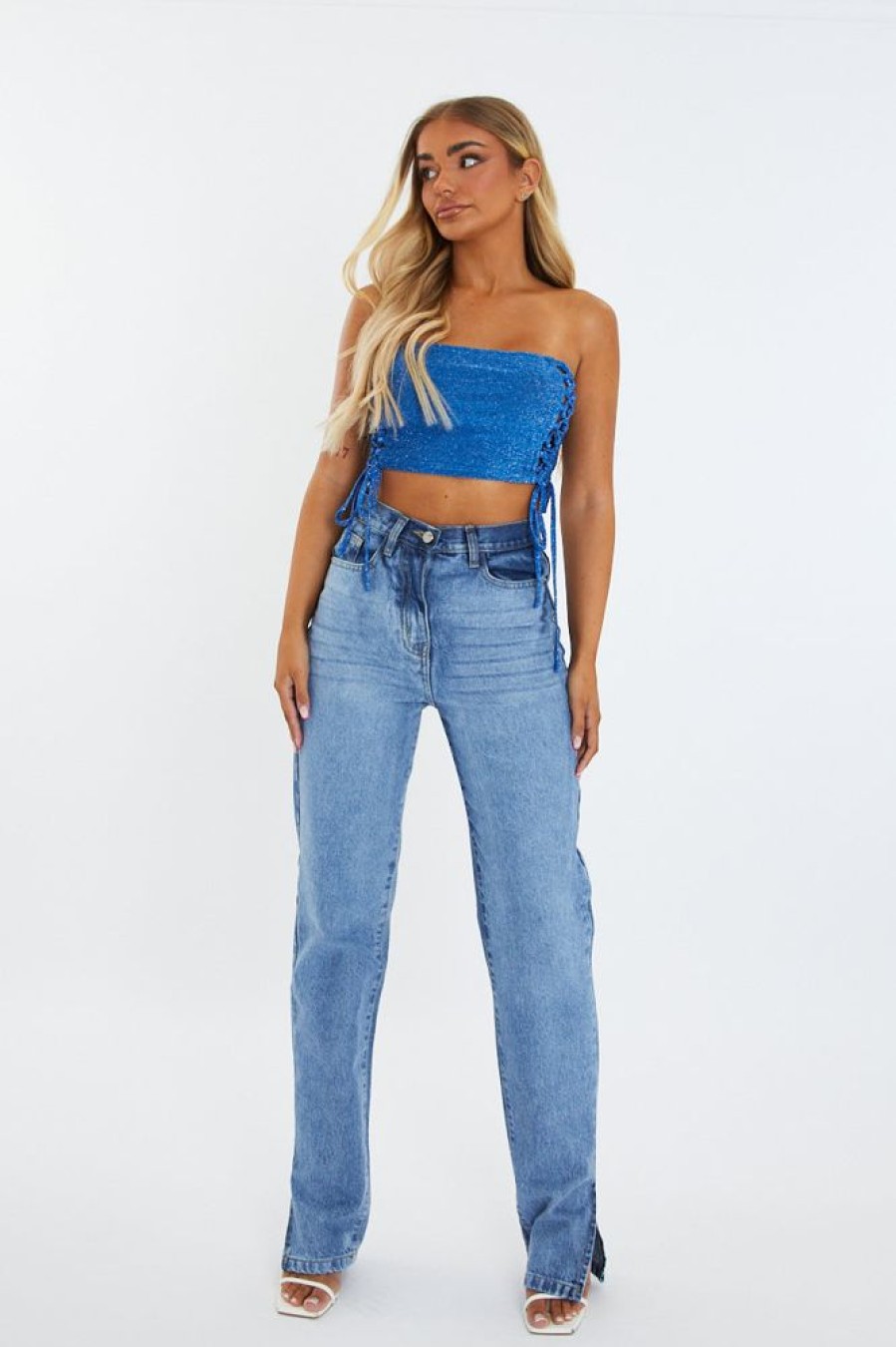 Clothing Rebellious Fashion | Blue Lurex Side Lace Up Tube Crop Top - Clarissa