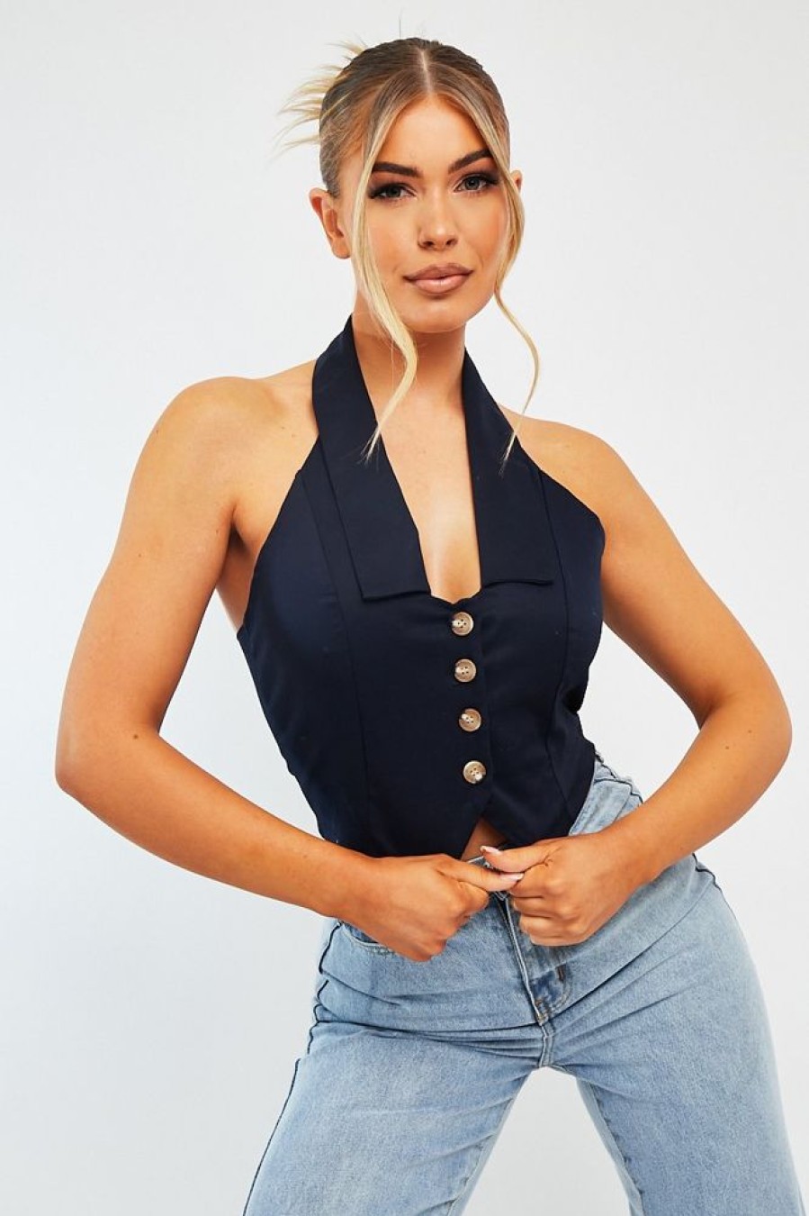 Clothing Rebellious Fashion | Navy Halterneck Plunge Waistcoat Top - Hazley