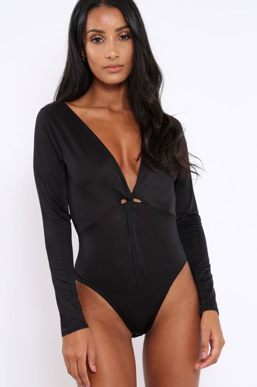 Clothing Rebellious Fashion | Black Slinky Twist Front Bodysuit - Gretchen