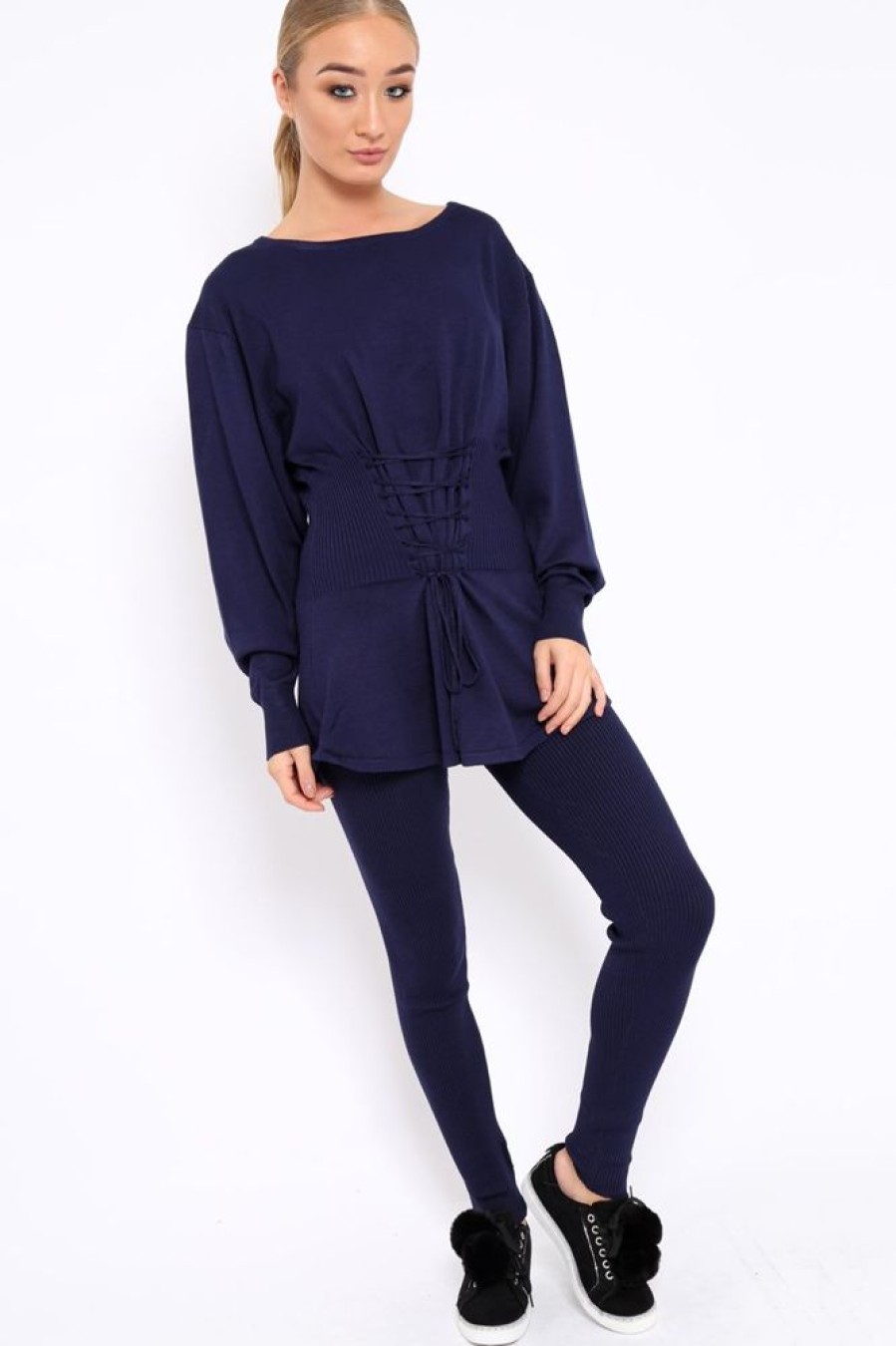 Clothing Rebellious Fashion | Navy Co-Ord With Corset Waist Tie Detail - Laurel