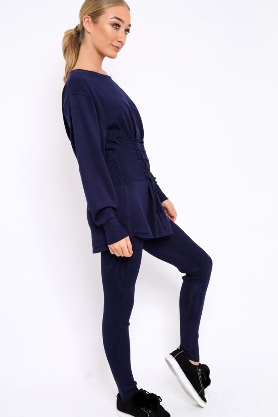 Clothing Rebellious Fashion | Navy Co-Ord With Corset Waist Tie Detail - Laurel