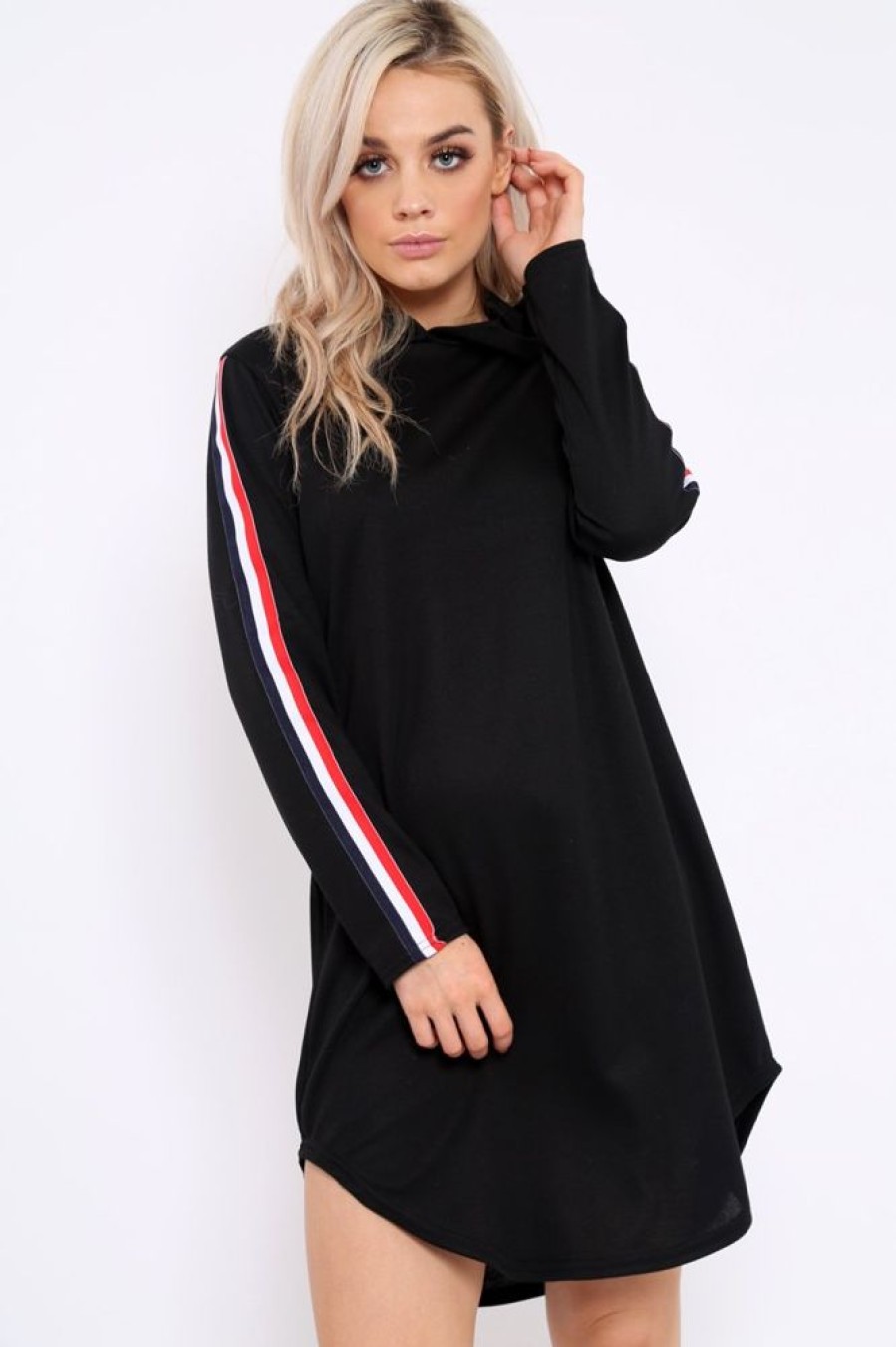 Clothing Rebellious Fashion | Black Sleeve Sports Trim Curve Hem Jumper Dress - Dixie