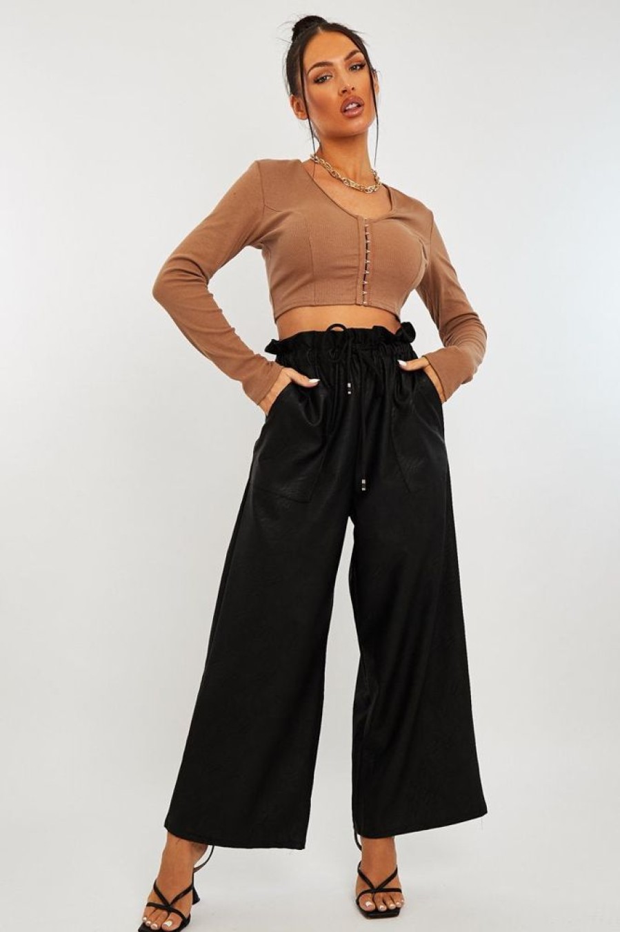 Clothing Rebellious Fashion | Black Faux Leather Wide Leg Cropped Trouser- Haidy