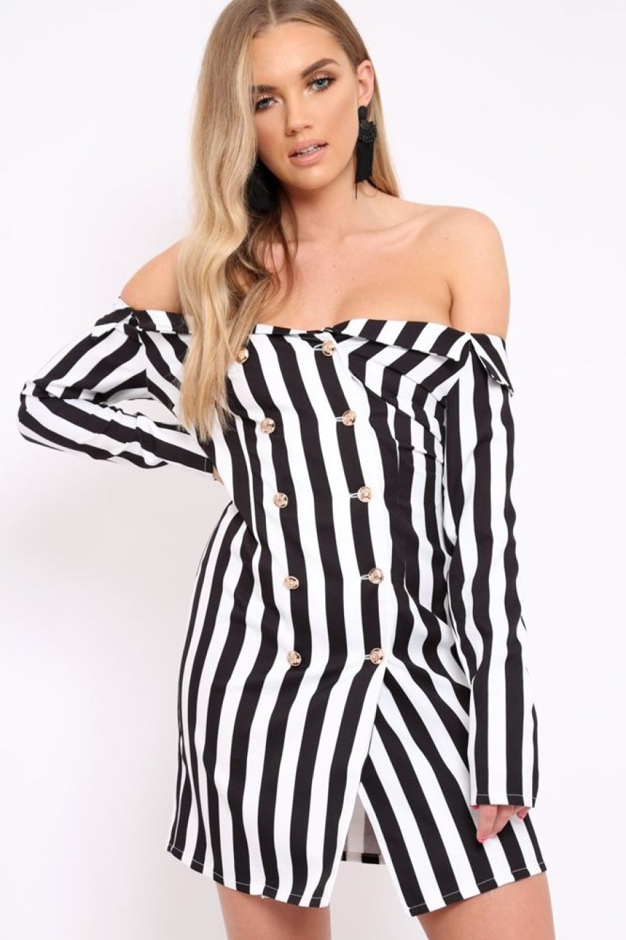 Clothing Rebellious Fashion | White Stripe Button Detail Blazer Dress - Aaliyana