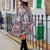 Clothing Rebellious Fashion | Mixed Animal Print Plunge Flute Sleeve Shift Dress - Olesya