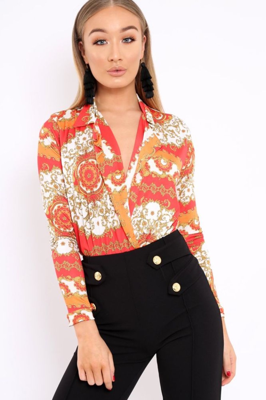 Clothing Rebellious Fashion | Orange And Red Scarf Print Plunge Bodysuit - Chrissy