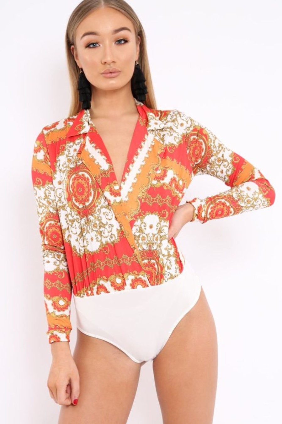 Clothing Rebellious Fashion | Orange And Red Scarf Print Plunge Bodysuit - Chrissy