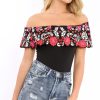 Clothing Rebellious Fashion | Black Floral Print Bardot Frill Bodysuit - Klaudia