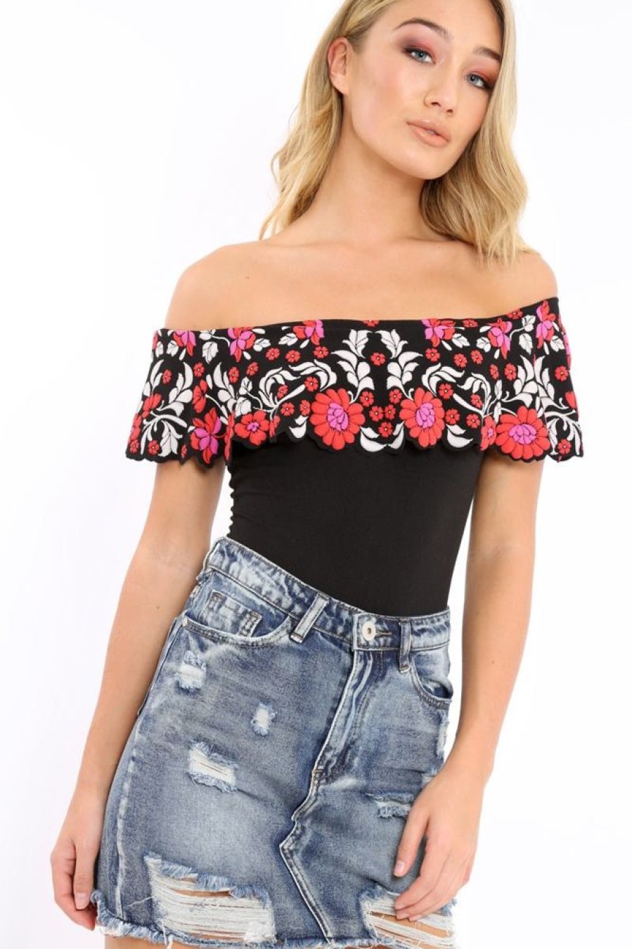 Clothing Rebellious Fashion | Black Floral Print Bardot Frill Bodysuit - Klaudia