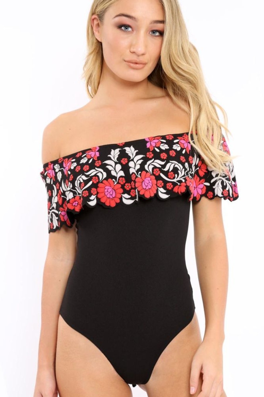 Clothing Rebellious Fashion | Black Floral Print Bardot Frill Bodysuit - Klaudia