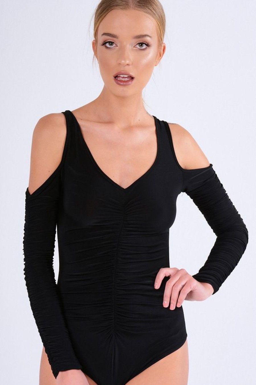 Clothing Rebellious Fashion | Black Slinky Ruched Cold Shoulder Bodysuit - Jayden