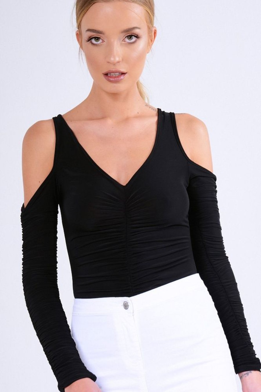 Clothing Rebellious Fashion | Black Slinky Ruched Cold Shoulder Bodysuit - Jayden