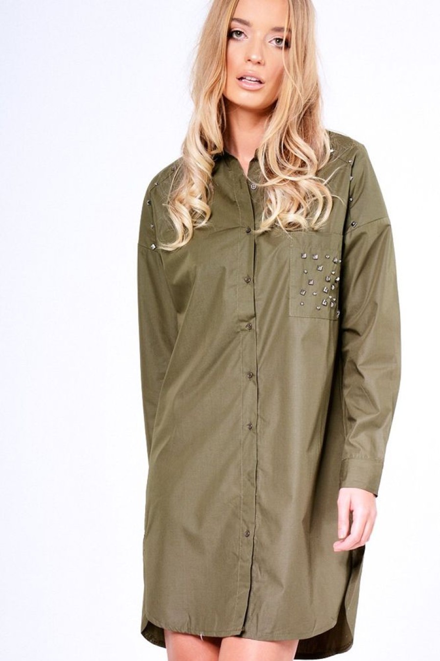 Clothing Rebellious Fashion | Khaki Stud Detail Oversized Shirt Dress - Ivona