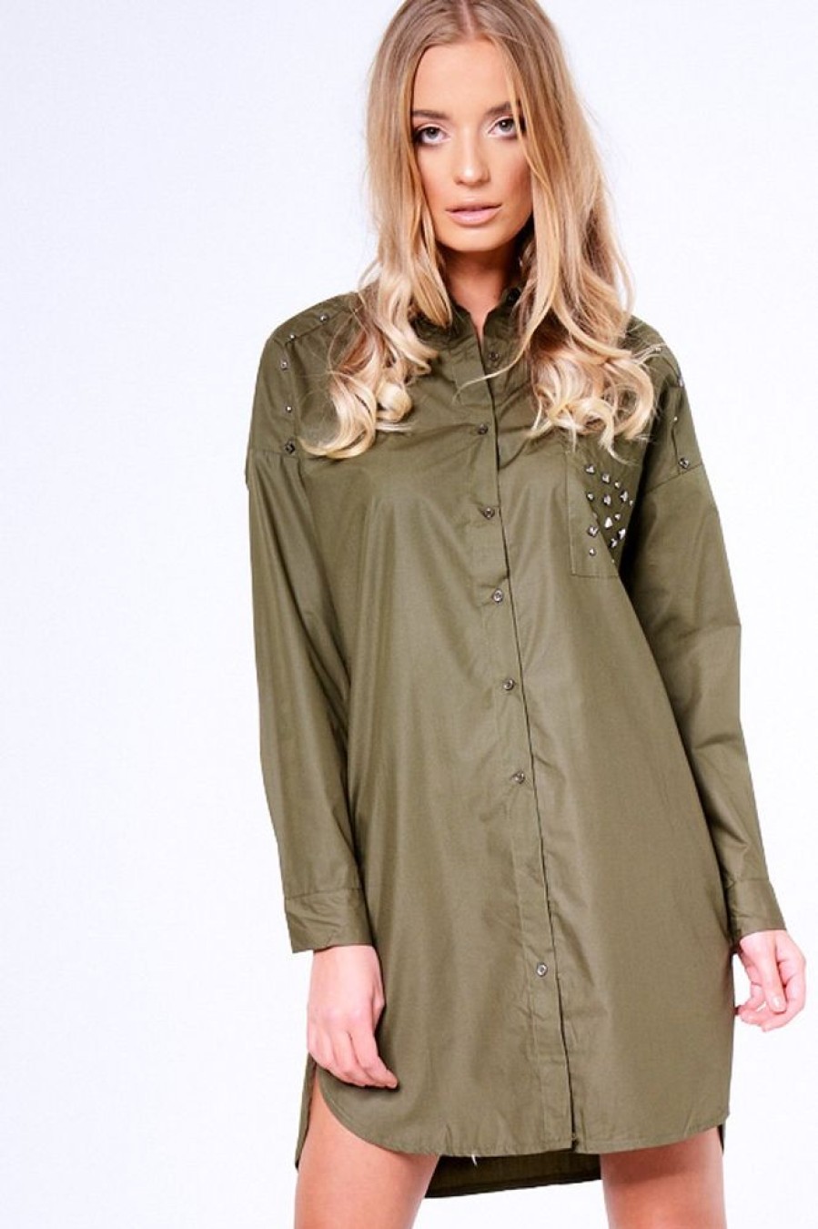 Clothing Rebellious Fashion | Khaki Stud Detail Oversized Shirt Dress - Ivona