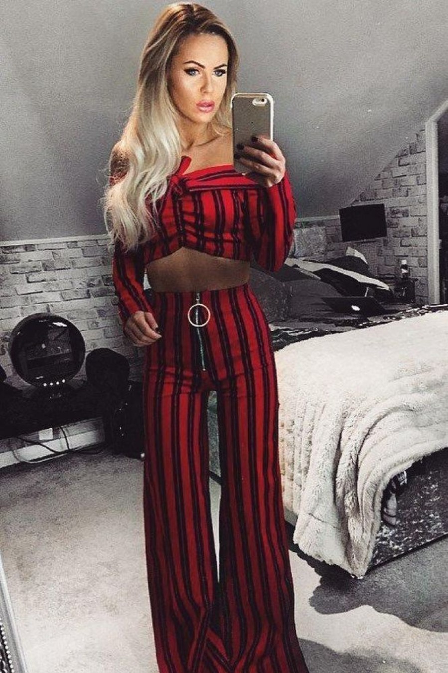 Clothing Rebellious Fashion | Red Stripe Bardot Ruffle Top And Trouser Set - Inas