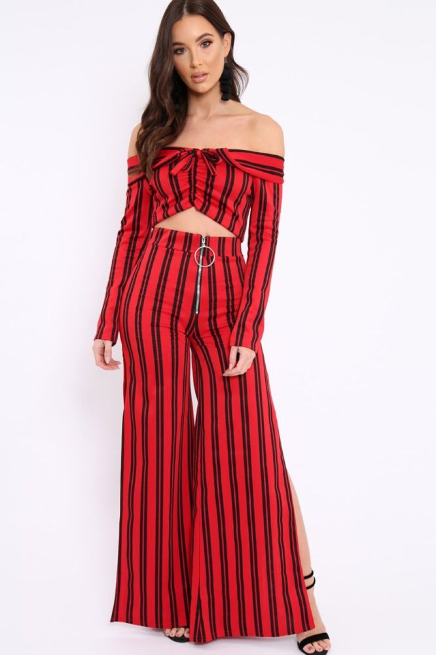 Clothing Rebellious Fashion | Red Stripe Bardot Ruffle Top And Trouser Set - Inas