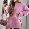 Clothing Rebellious Fashion | Pink Bell Sleeve Extreme Hem Chunky Knit Jumper Dress - Paige