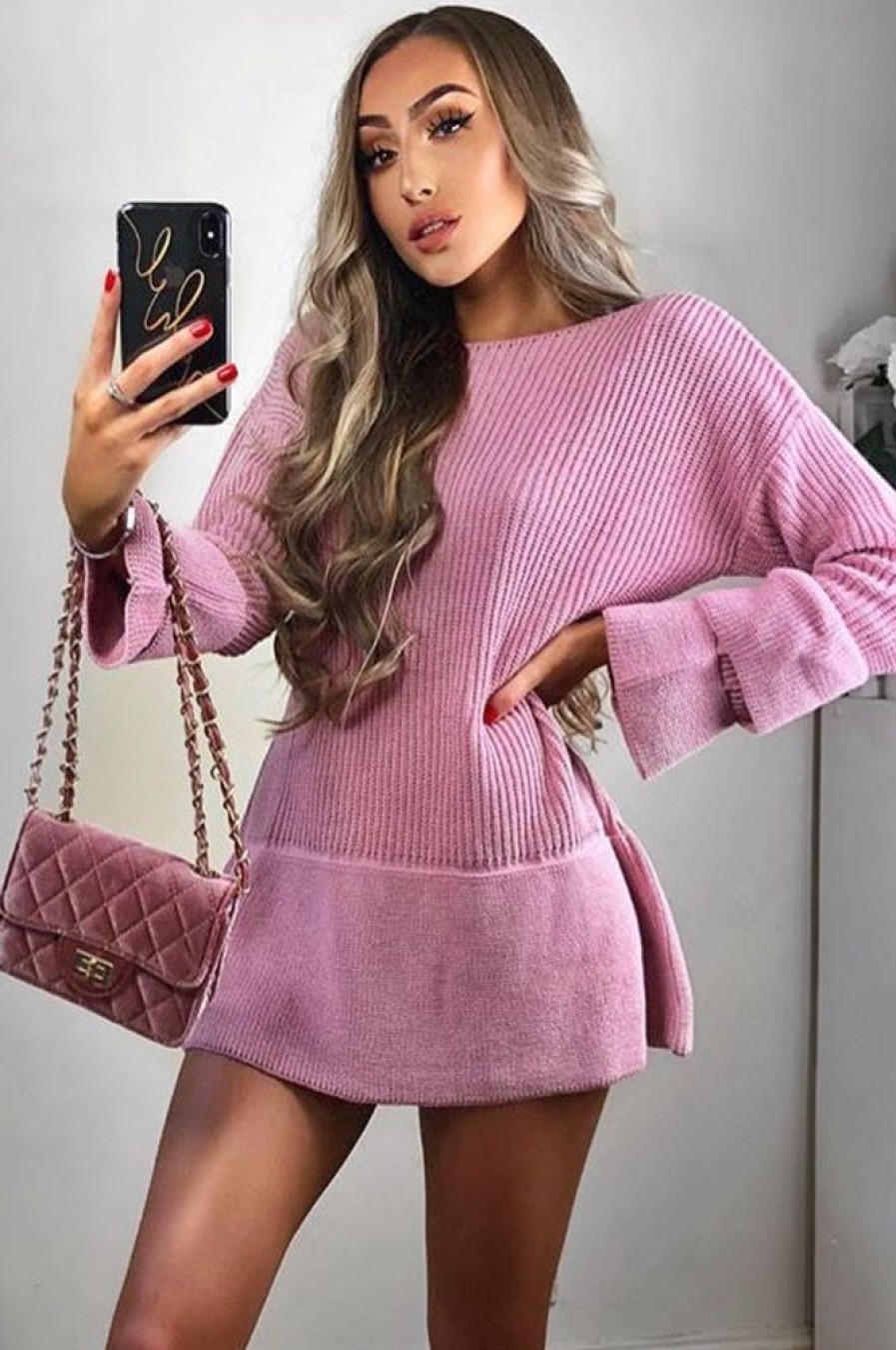 Clothing Rebellious Fashion | Pink Bell Sleeve Extreme Hem Chunky Knit Jumper Dress - Paige