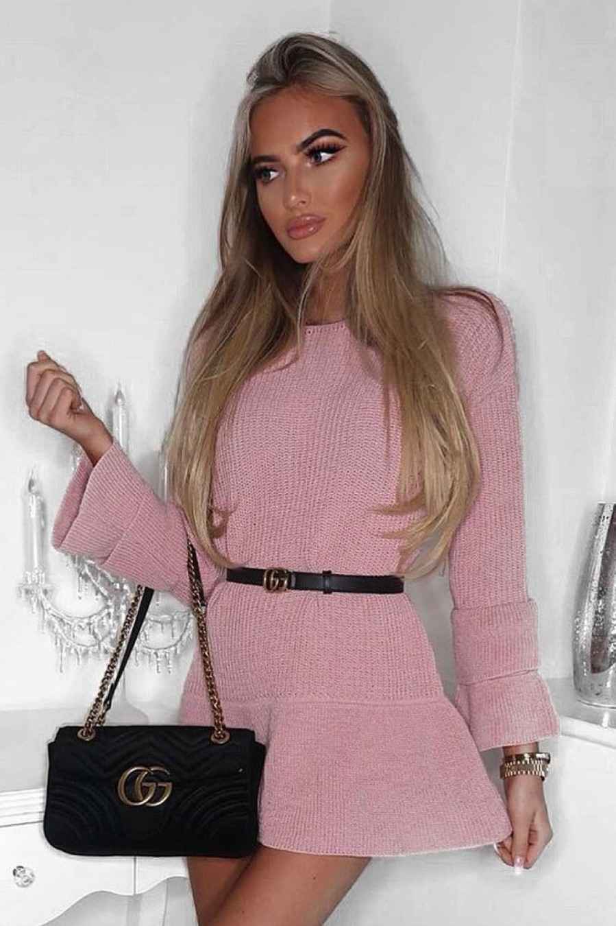 Clothing Rebellious Fashion | Pink Bell Sleeve Extreme Hem Chunky Knit Jumper Dress - Paige