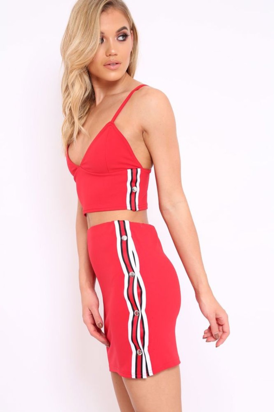 Clothing Rebellious Fashion | Red Sports Trim Bralet And Skirt Co-Ord - Evangeline