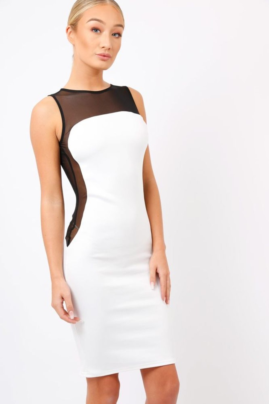 Clothing Rebellious Fashion | White & Black Mesh Midi Dress - Kirsten