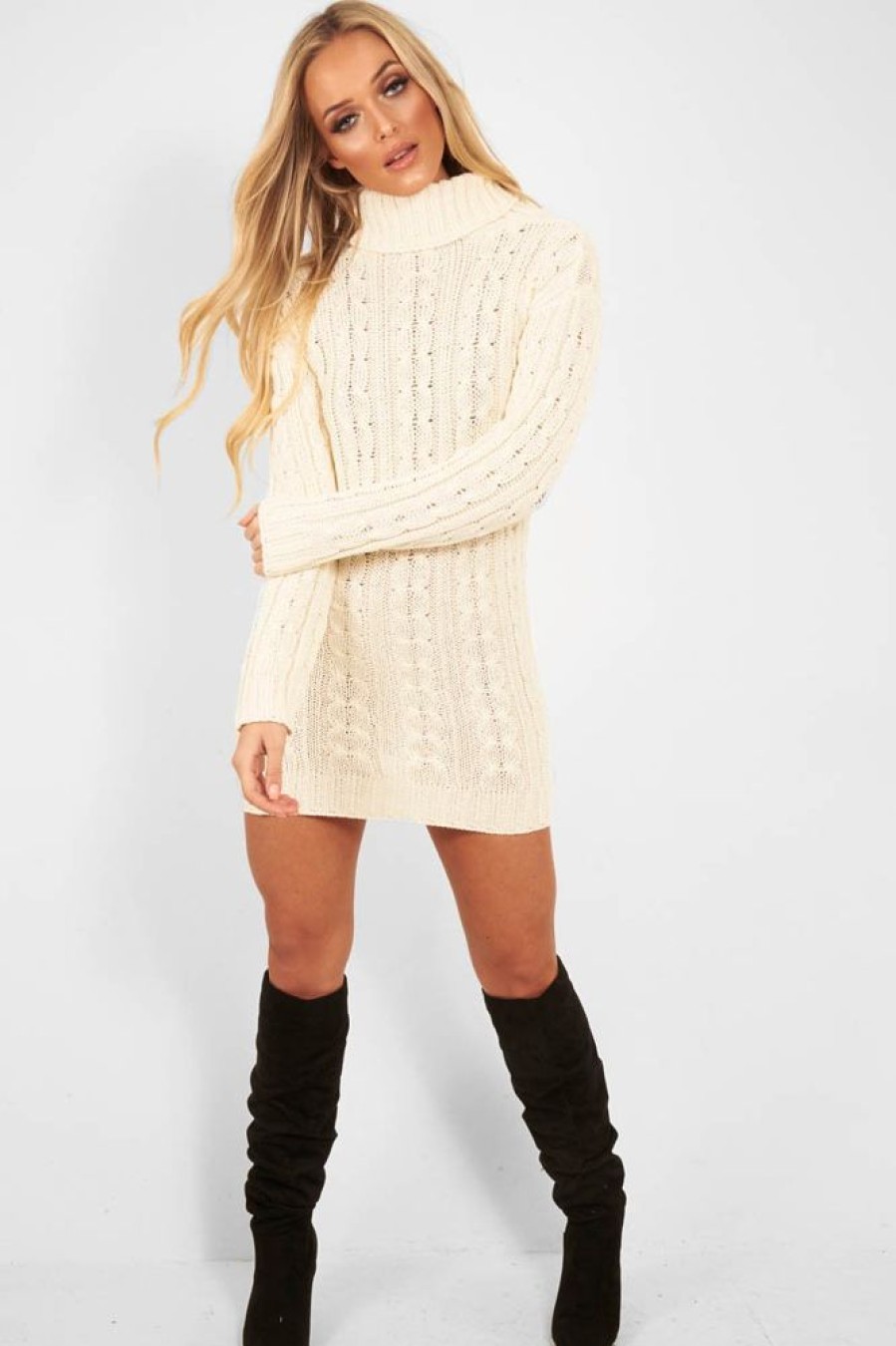 Clothing Rebellious Fashion | Cream Cable Knit Roll Neck Jumper Dress - Matilda