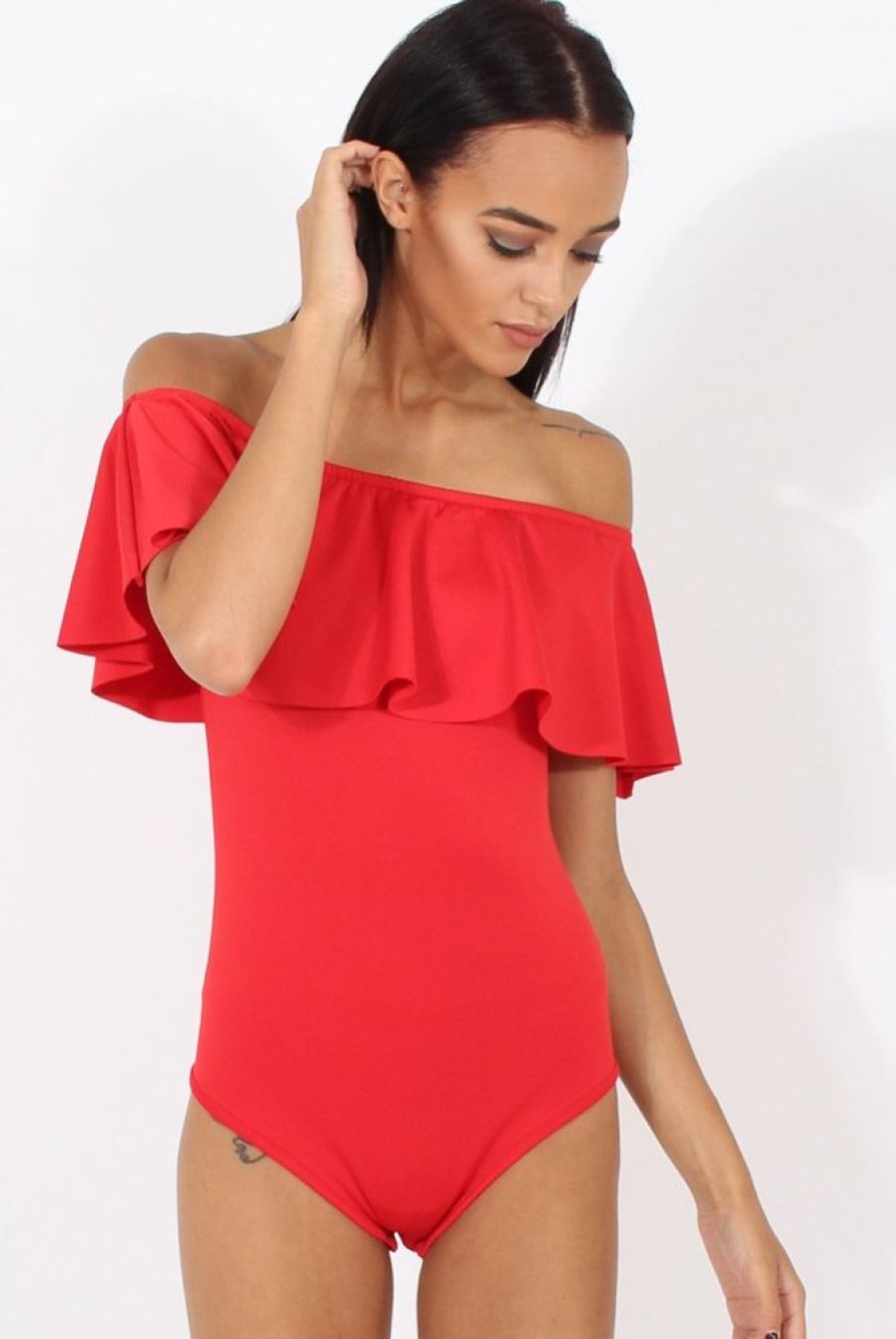 Clothing Rebellious Fashion | Red Bardot Frill Layer Bodysuit - Olga