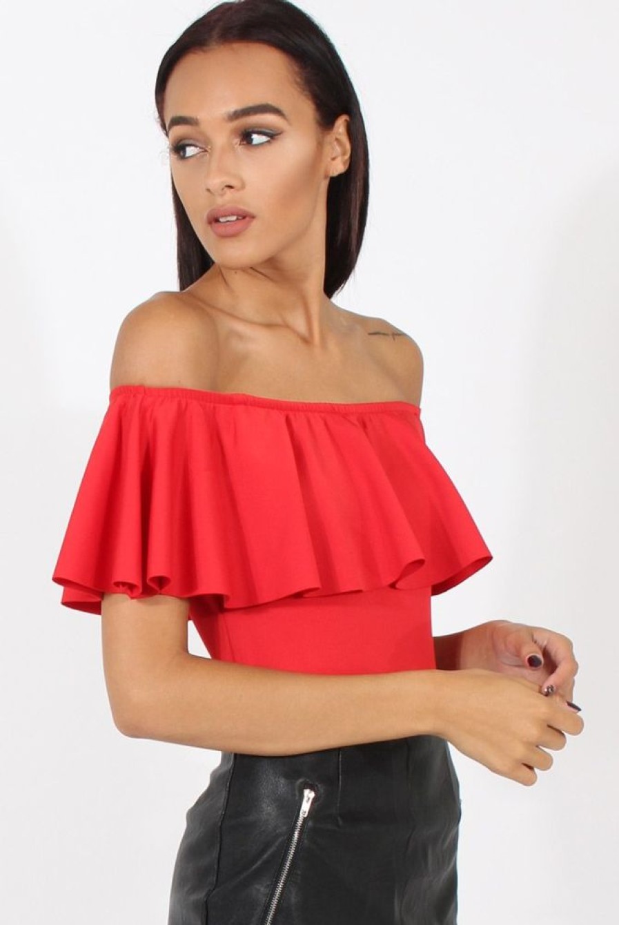 Clothing Rebellious Fashion | Red Bardot Frill Layer Bodysuit - Olga