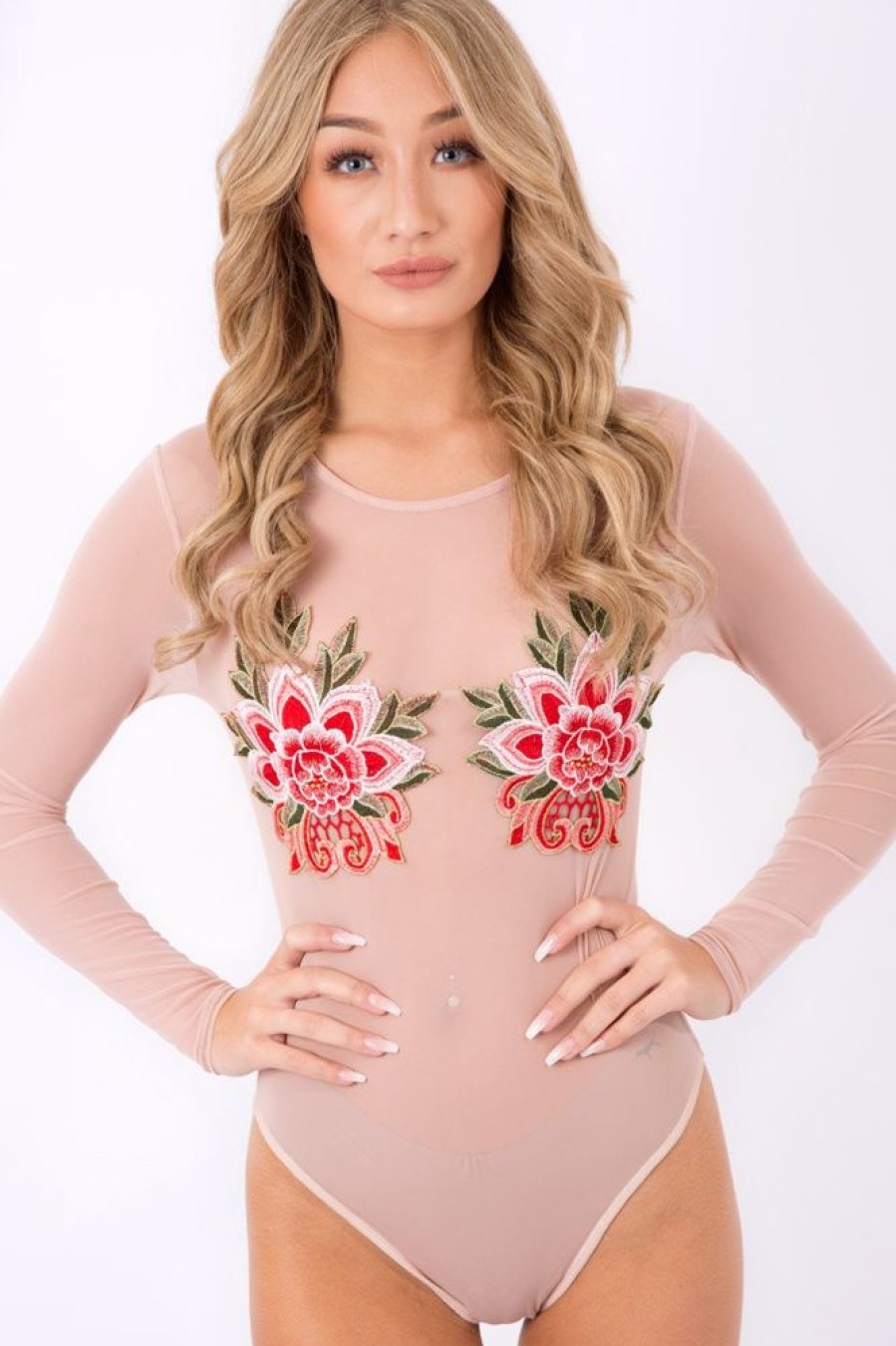 Clothing Rebellious Fashion | Nude Mesh Long Sleeved Embroidered Bodysuit - Bonnie