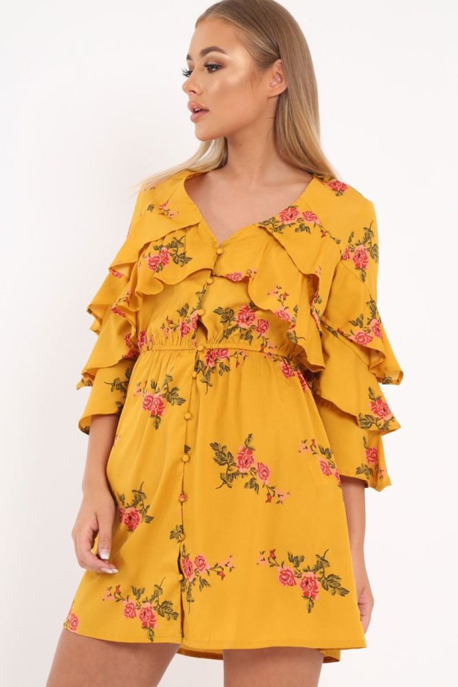 Clothing Rebellious Fashion | Yellow Floral Button Up Dress - Jenine