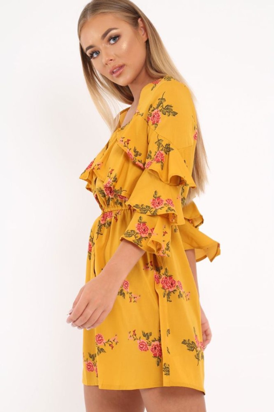 Clothing Rebellious Fashion | Yellow Floral Button Up Dress - Jenine