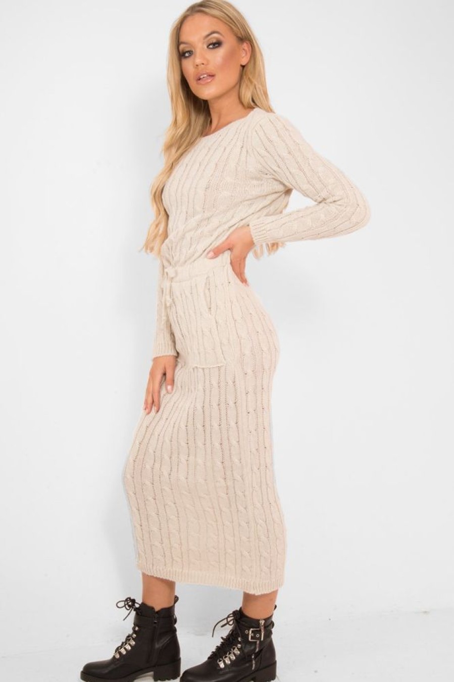 Clothing Rebellious Fashion | Beige Cable Knit Drawstring Waist Dress - Rhea