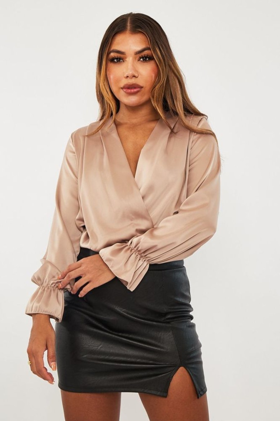 Clothing Rebellious Fashion | Stone Satin Plunge Wrap Bodysuit - Penelopi