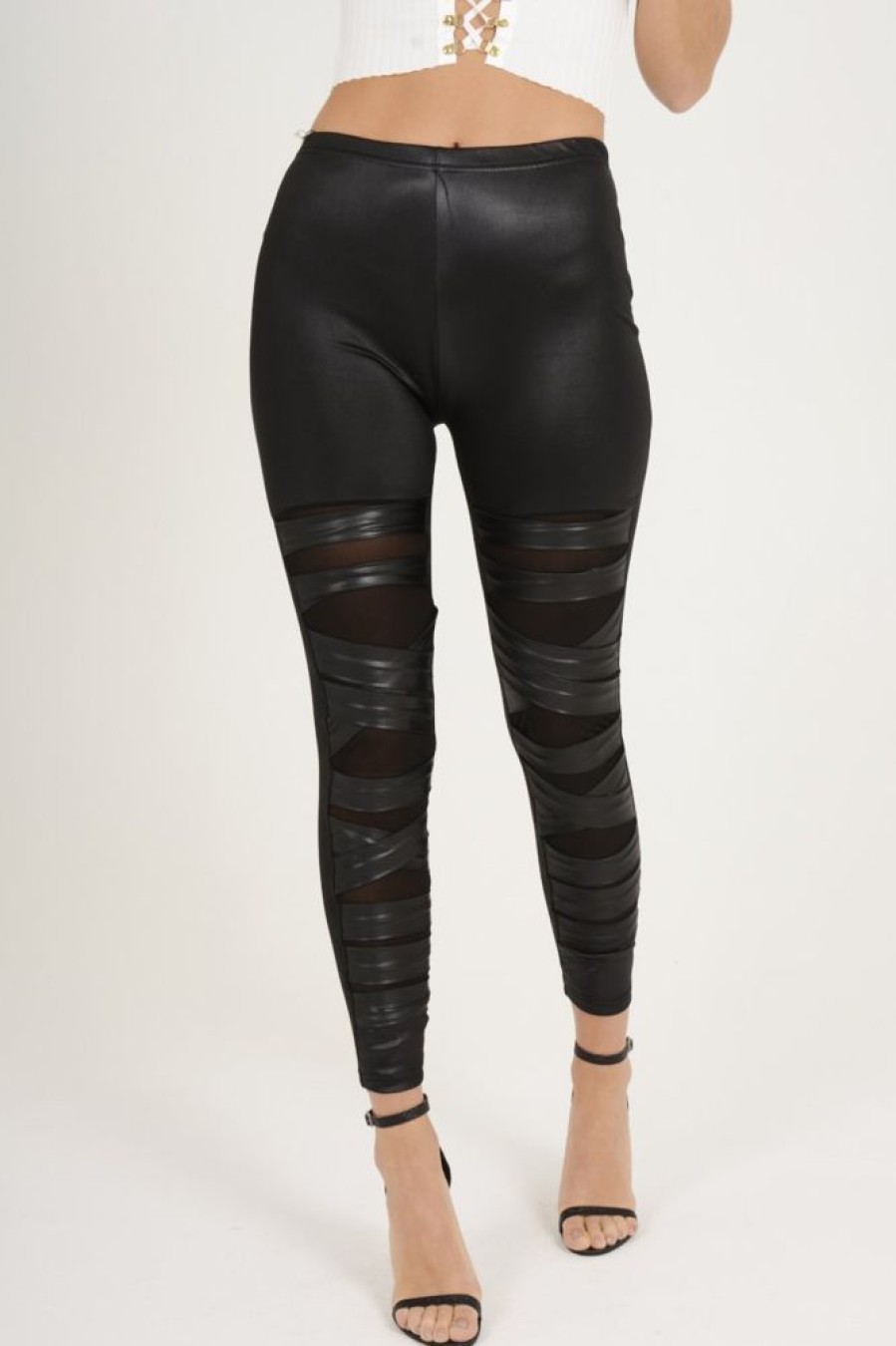 Clothing Rebellious Fashion | Black Wet Look Mesh Insert Leggings - Eliza