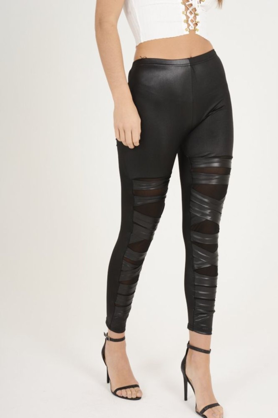 Clothing Rebellious Fashion | Black Wet Look Mesh Insert Leggings - Eliza