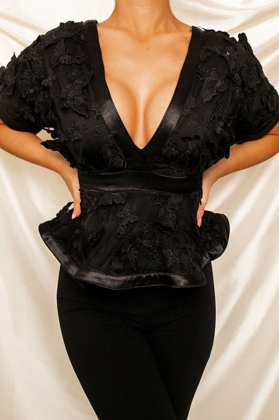 Clothing Rebellious Fashion | Black Butterfly Applique Plunging Neckline Top - Mallory