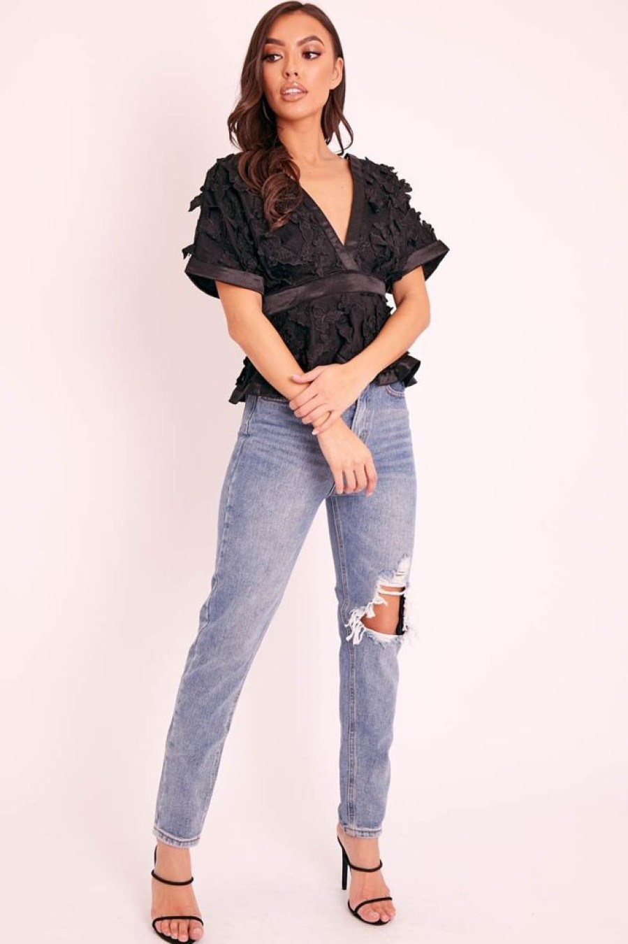 Clothing Rebellious Fashion | Black Butterfly Applique Plunging Neckline Top - Mallory